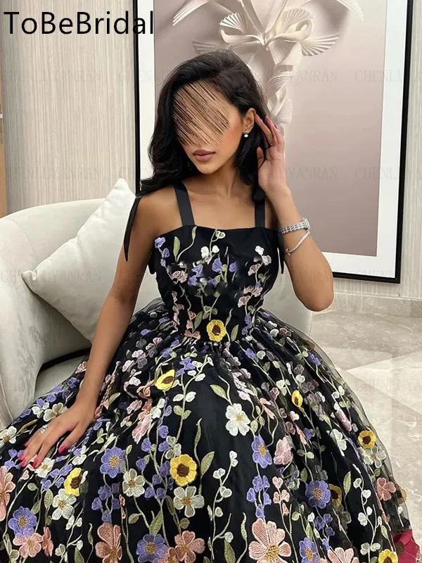 Elegant Black 3D Flower Prom Dress Italian Noodle Strap A-line Wedding Party Gowns Formal Graduation Evening Dresses Customized