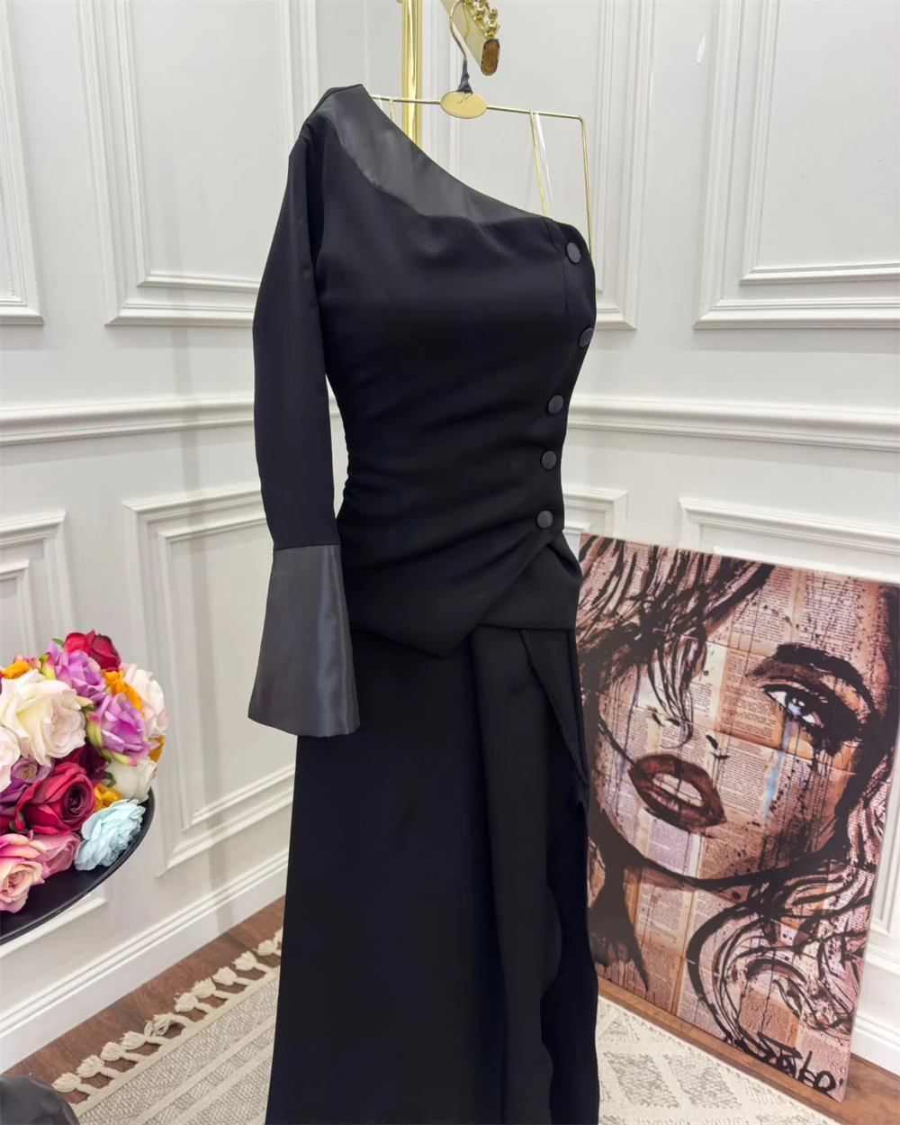 Customized Evening Dress Exquisite Black Jersey One Shoulder Long Sleeves Prom Gowns Elegant Buttons Mermaid Party Dresses