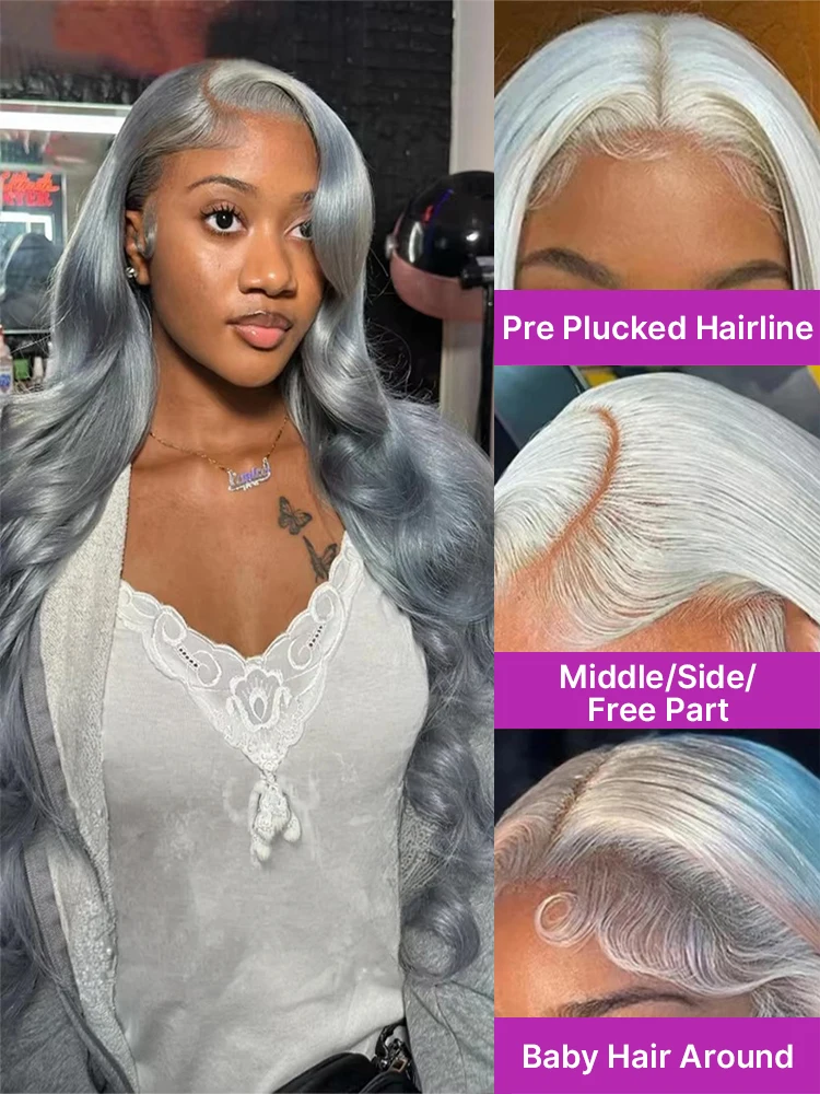 220% Density 36 38 Inch Silver Grey Lace Front Body Wave Wig 13x4 13x6 HD Transparent Lace Front Wigs Brazilian Pre Plucked Baby Hair Colored Grey Wigs 360 Full Lace Wig For Black Women