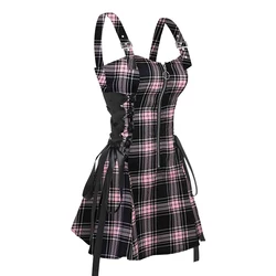 2024 New Womens Mini Dresses Retro Plaid Print Lace Up Dress O Ring Half Zipper Adjustable Buckle Strap Sleeveless Dress