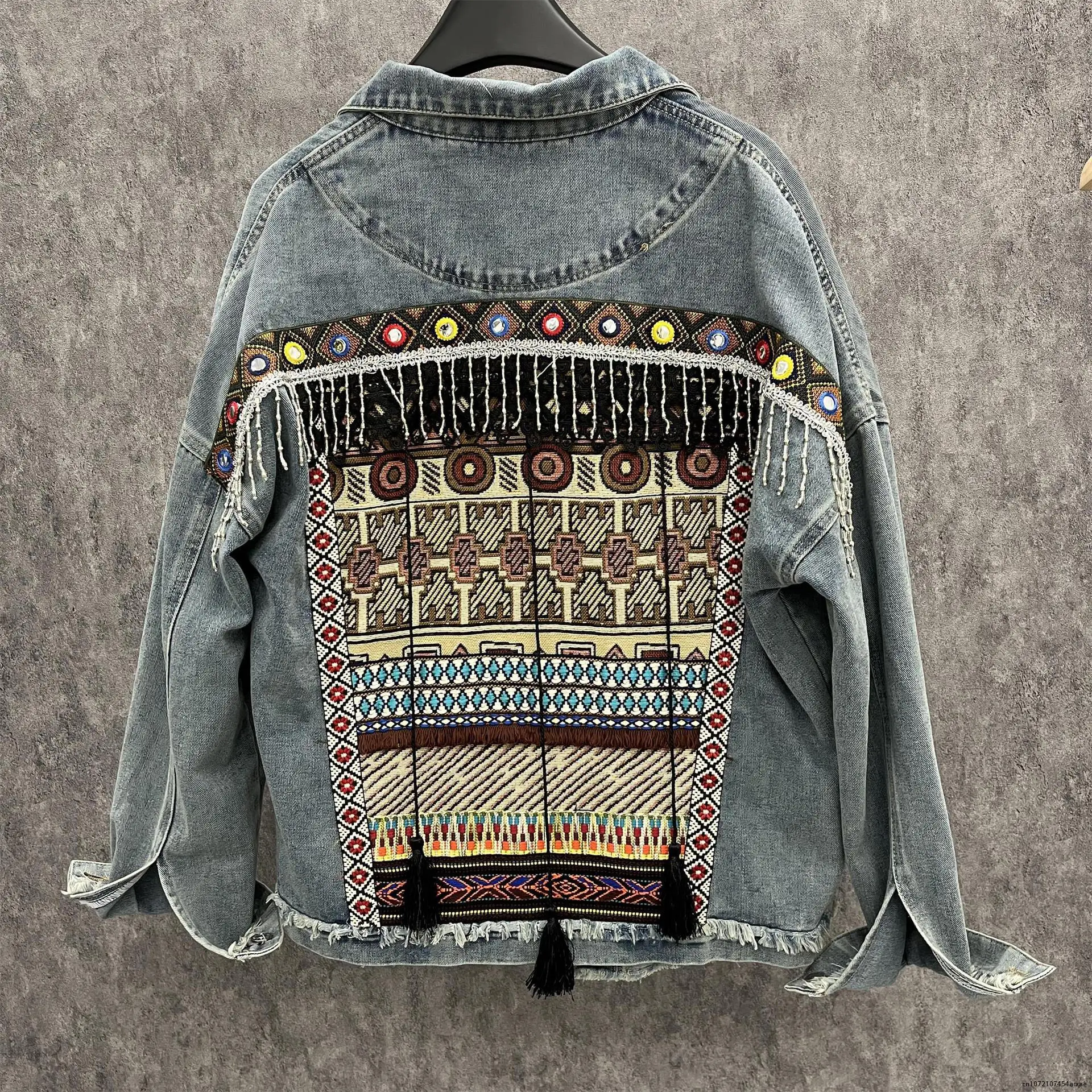 Long sleeve fringe Denim jacket autumn 2023 vintage ethnic appliques Embroidery tassel loose coat Outerwear jacket women