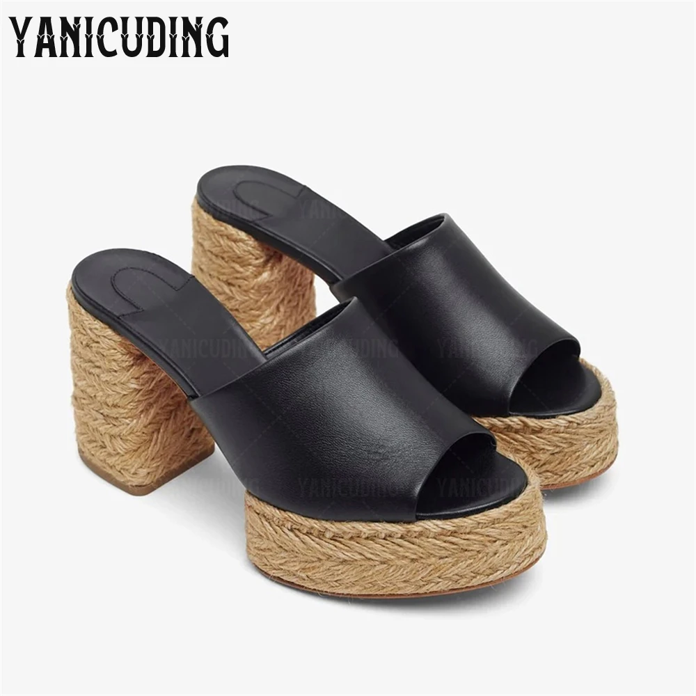 

Jute Woven Platform Mules Chunky Block Heel Espadrille Slippers Designer Style Almond Open Toe Platform Summer Shoes for Women