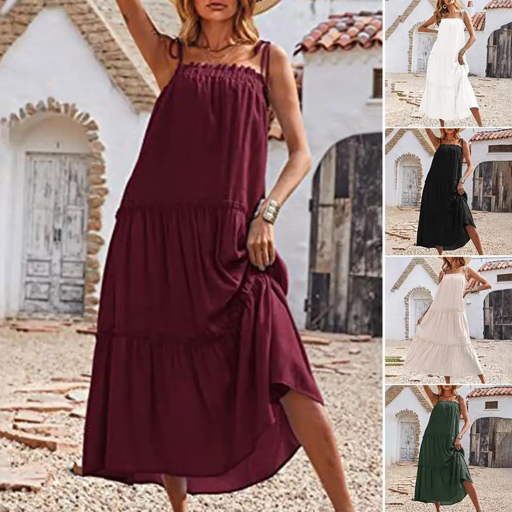 

Women Dress Solid Color Pleated Summer Elegant Spaghetti Strap Maxi Dress for Beach