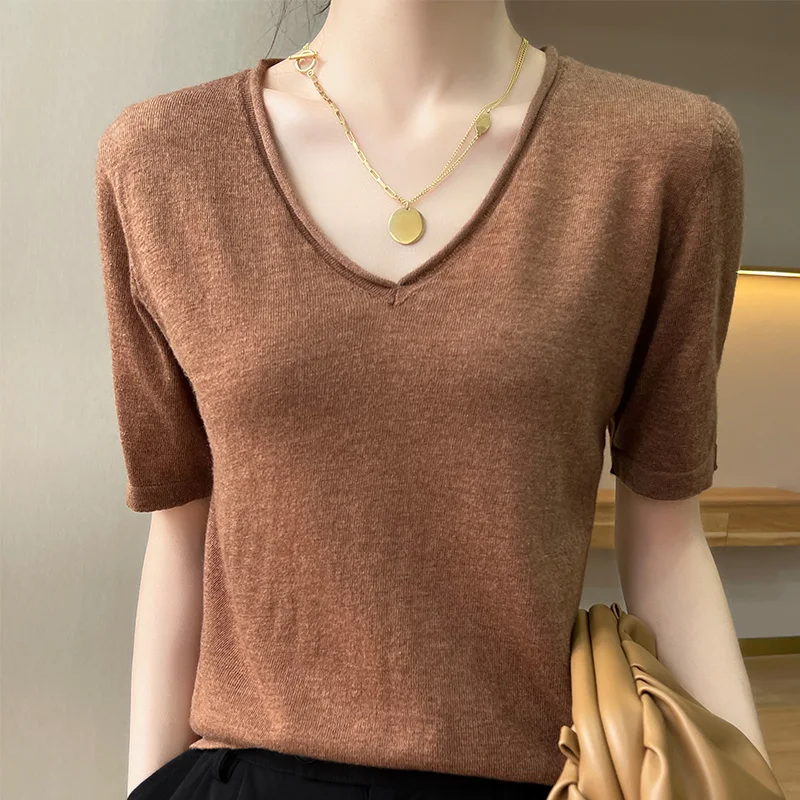 Summer V-Neck Thin Sweater T-Shirt 100% Merino Wool Basic Women's Korean Fashion Pullover Cashmere Knitting Bottom Short Sleeve