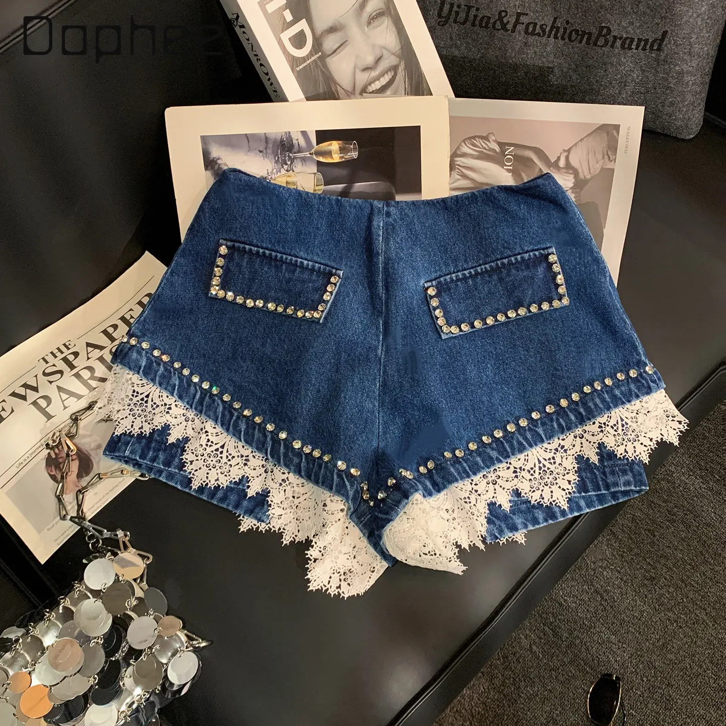 

Korean Ins Trendy Lace Patchwork Denim Shorts Women Spring Beaded Rhinestone Faux Two-piece Shorts High Waist Hot Girl Shorts