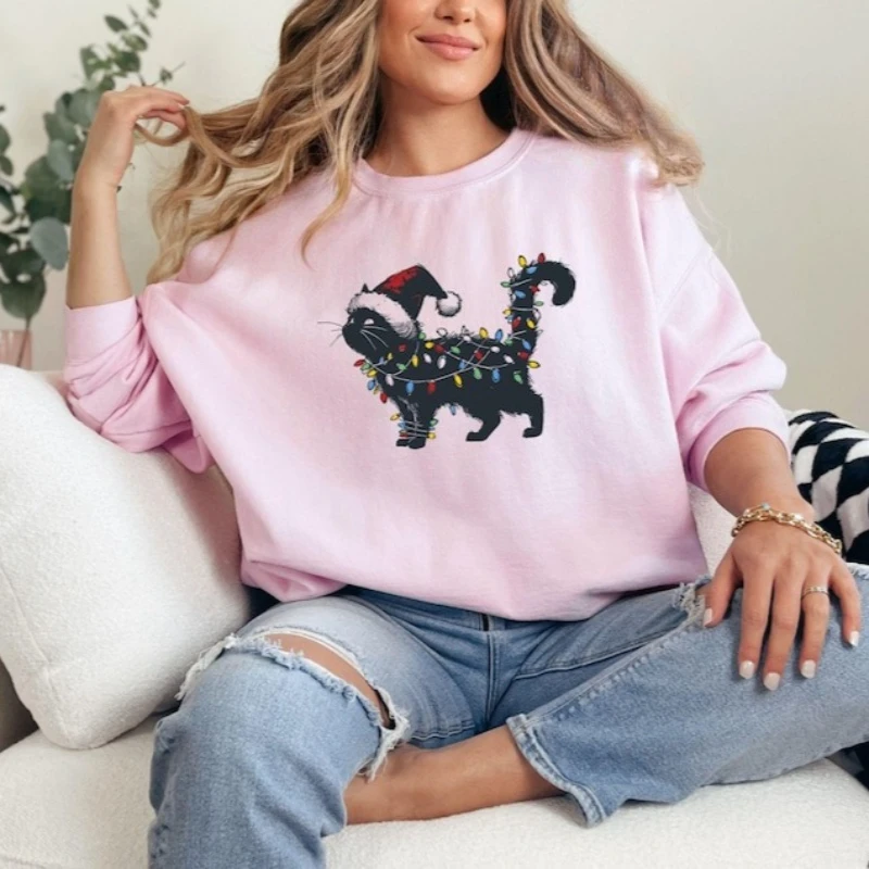 Felpa natalizia gatto nero Felpa con cappuccio Amante dei gatti Gattino Regalo di Natale Felpa con cappuccio per le vacanze Moda di strada Autunno Inverno Felpa con cappuccio termica Top