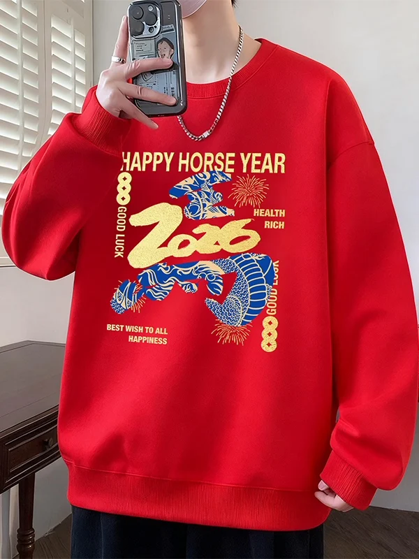 

Red Loose Fit Men's Hoodie Large Size Year Design Autumn Winter Cotton Youth Faion Anti-Wrinkle Breathable Warmth