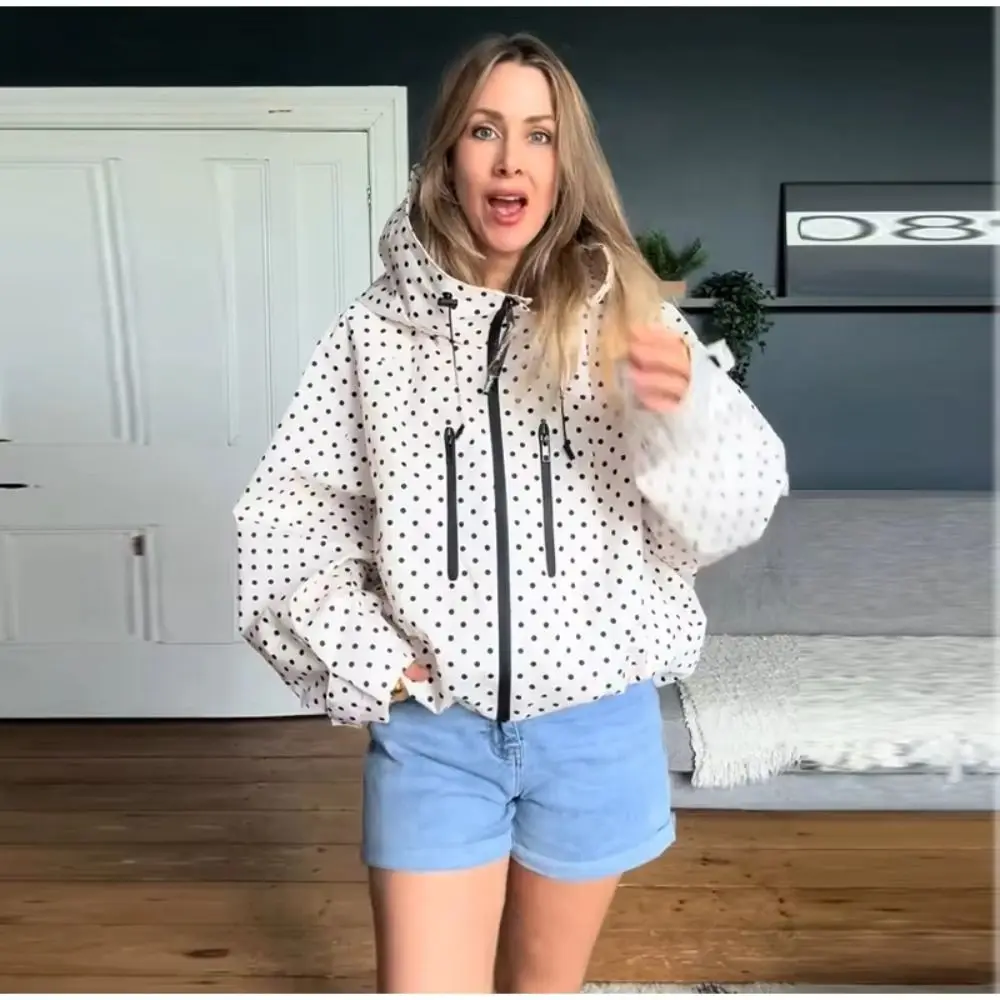 Polka Dot Hooded Windbreaker Jacket Wind Resistant Full Zip Closure Polka Dot Jacket Adjustable Drawstring Water Resistant