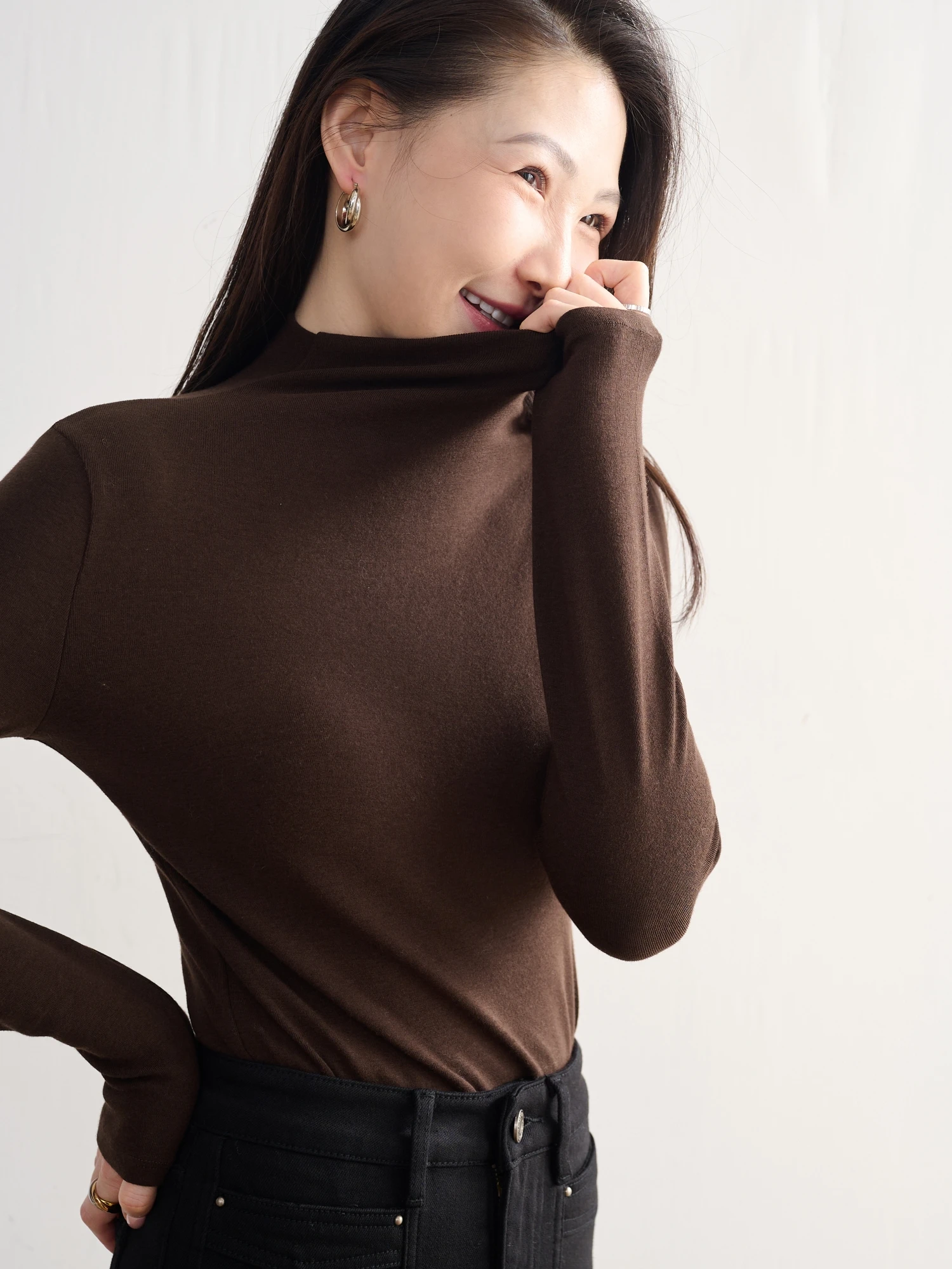 

JPOO Slim Fit Long Sve Knitted irt f High Collar Elastic Mixed Combed Cotton Base Layer Top for Women Commute Sle