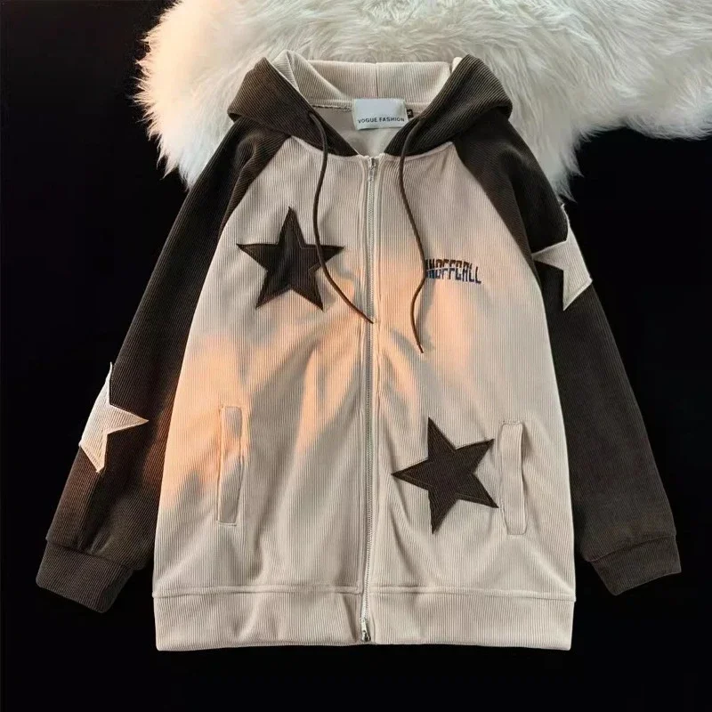 American Star Patch Corduroy Cardigan Coat For Men And Women Y2k Street Retro Leisure Lazy Wind Joker Goth Couple Sweater Hoodie