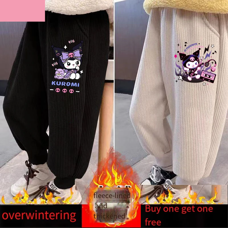 Sanrios Sweatpants Kuromi New Thicken Child Autumn Winter Corduroy Pants Girl Kawaii Cartoon Velvet Sweatpants Wear Outside