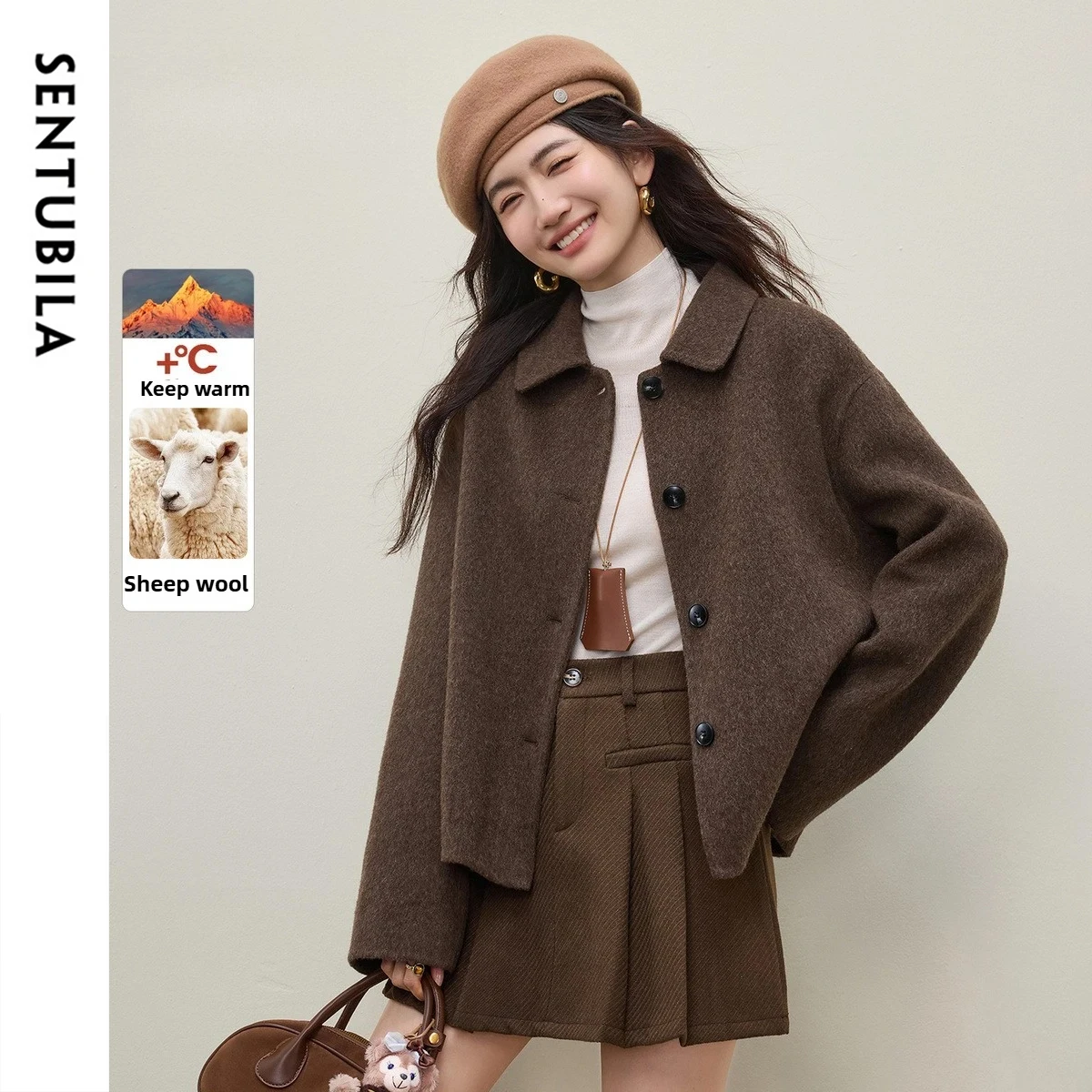 

SENTUBILA женская шерстяная куртка 2025 зимнее короткое пальто из овечьей шерсти верхняя одежда модная женская свободная элегантная повседневная куртка W54OC2733