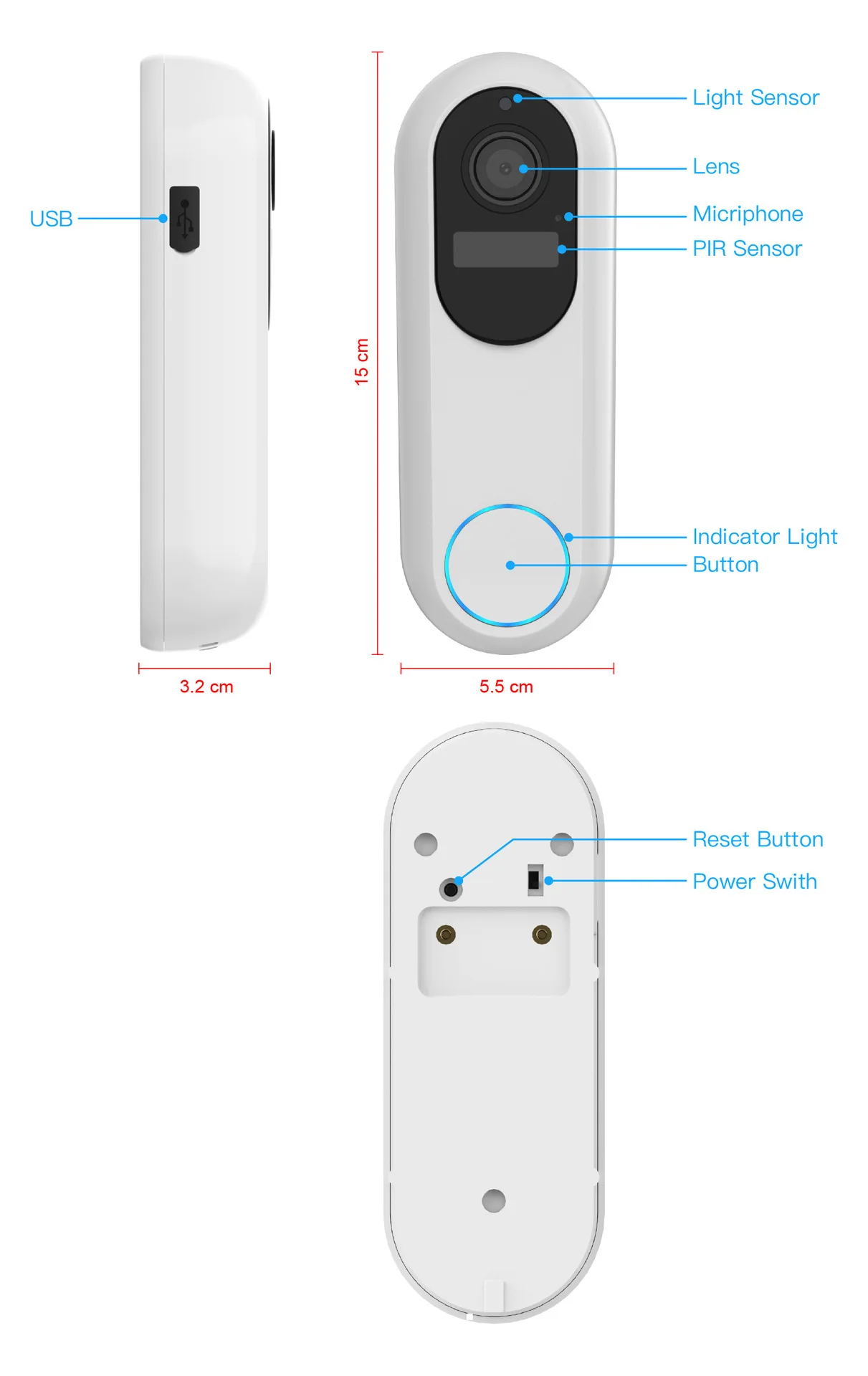 White plastic wireless video doorbell camera 1080p dual wifi featuring a black circular camera lens, microphone, and PIR sensor housing.