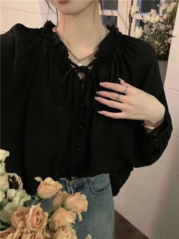 French Style Lace Up Shirt for Women New Chiffon Women\'s High-end Style Long Sleeved Short Loose Top