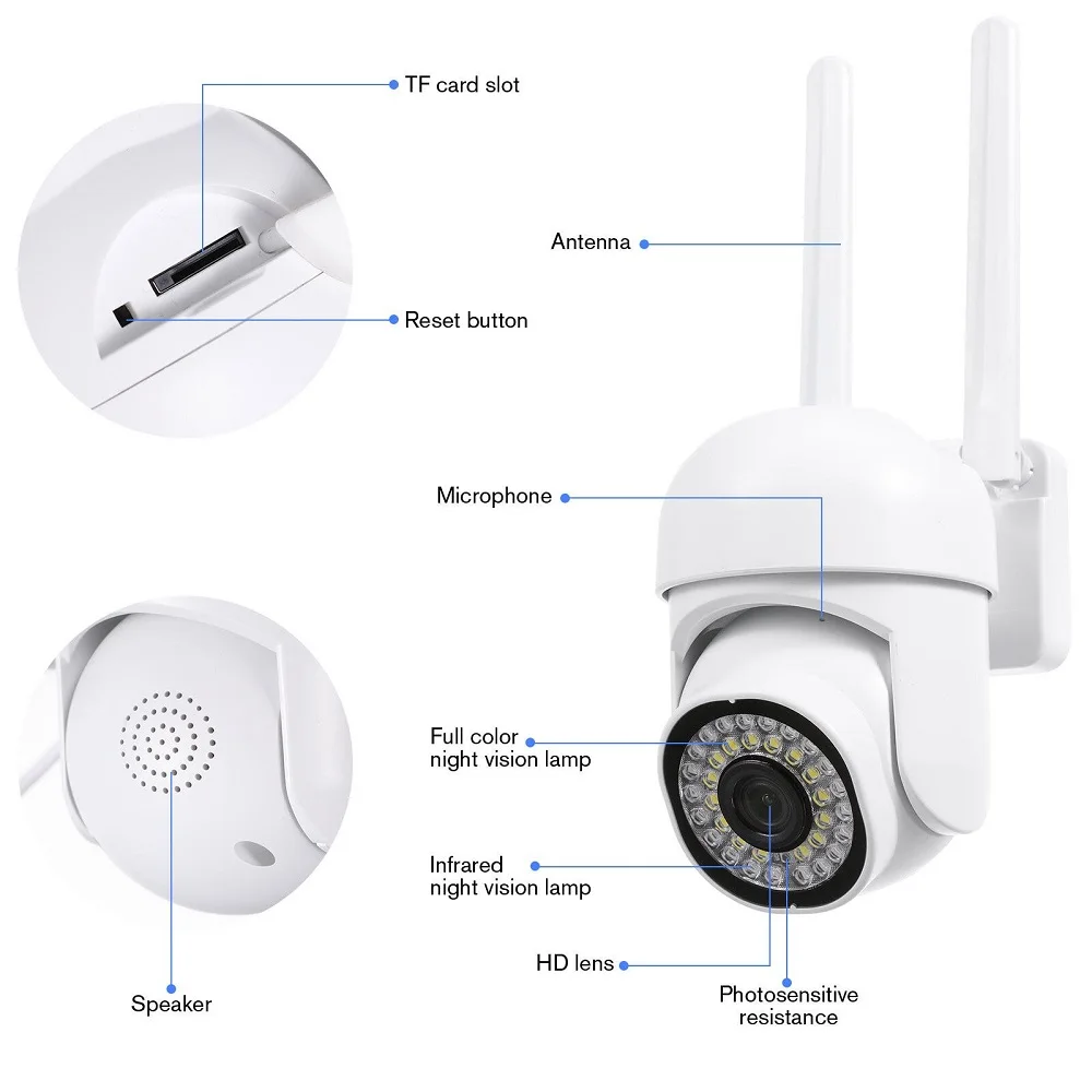 WiFi Camera PTZ AI Human Detection Monitor Outdoor Color Night Vision CCTV Surveillance Cameras 28 LED Security IP Camera