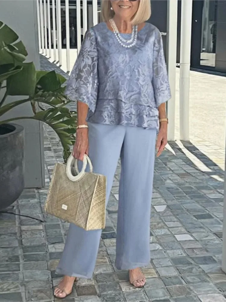 

Summer New Women's Cotton Linen Set Fashion O-neck Seven-quarter Sleeve Top Wide Leg Pants Two Pieces Set Office Lady Clothing