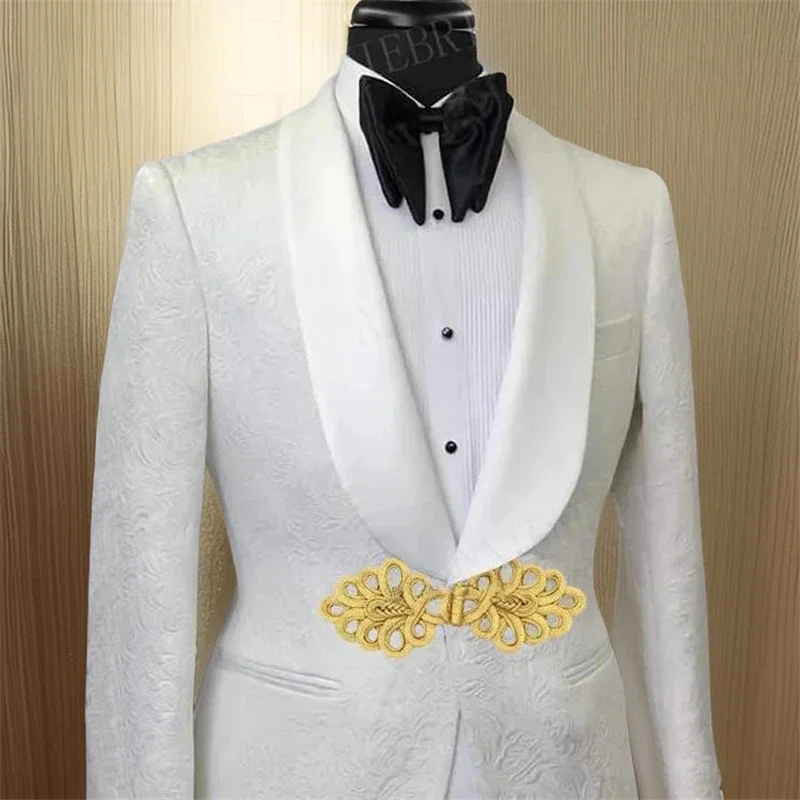 Men Suit Jacket with Gold Mandarin Button 1 Pc Floral Wedding Blazer Shawl Lapel Slim Fit Fashion African Style Male Suit Jacket