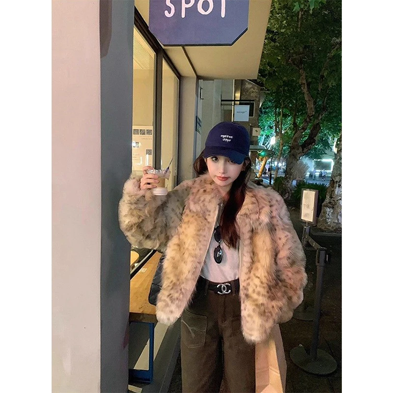 MEXZT Leopard Print Faux Fur Coat Women Vintage Quilted Fluffy Jacket Winter Streetwear Korean Long Sleeve Warm Furry Outerwears