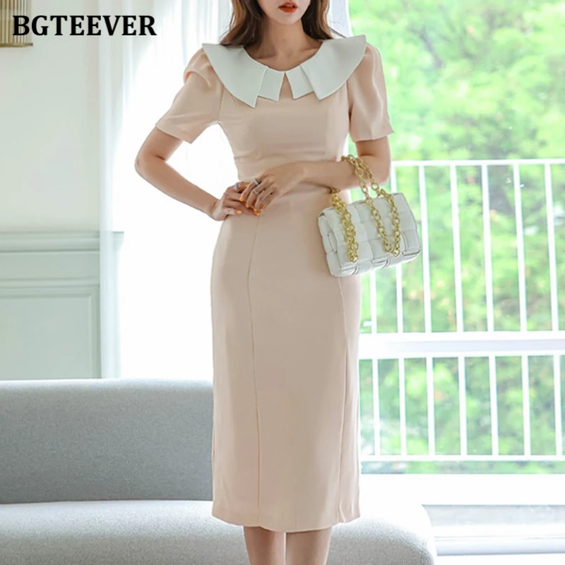 

BGTEEVER Vintage Patchwork Lapel Women Bodycon Package Hip Dress Summer Elegant Short Sleeve Female Slim Waist Skinny Midi Dress