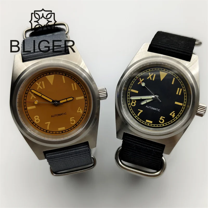 BLIGER 38mm Dive Watch for Men NH35 Automatic Brushed Case  Sapphire Crystal  California Dial Green Luminous Nylon/Rubber  Strap