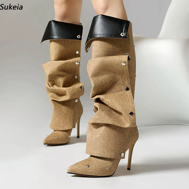 

Sukeia Italian Women Winter Knee Boots Back Zipper Sexy Thin Heels Pointed Toe Pretty Brown Party Shoes Ladies US Size 3-16