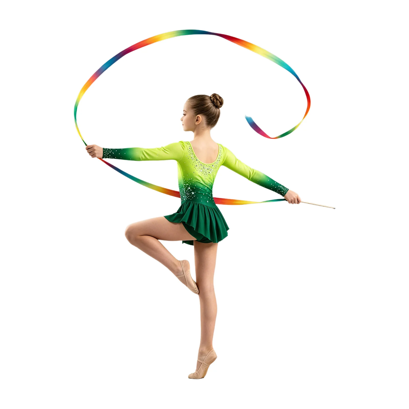 Kids Girls Rhythmic Gymnastics Figure Skating Costume Long Sleeve Shiny Rhinestone Gradient Color Dress Ballet Dance Leotard