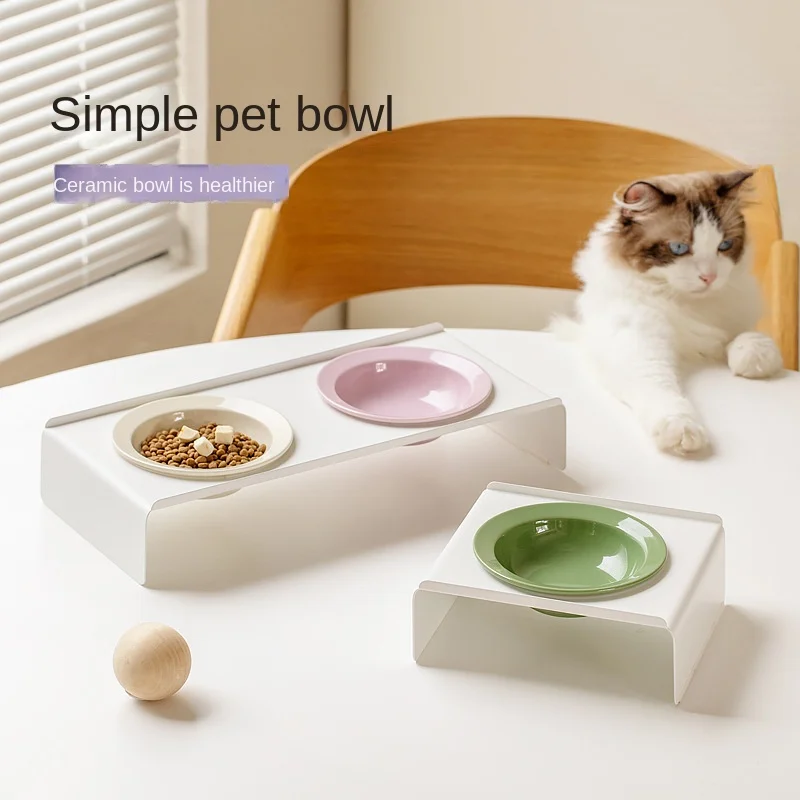 Cat Double Ceramic Bowl with Iron Stand Pet Elevated Raised Food Water Bowls Small Dogs Drinking Eating Feeding Supplies