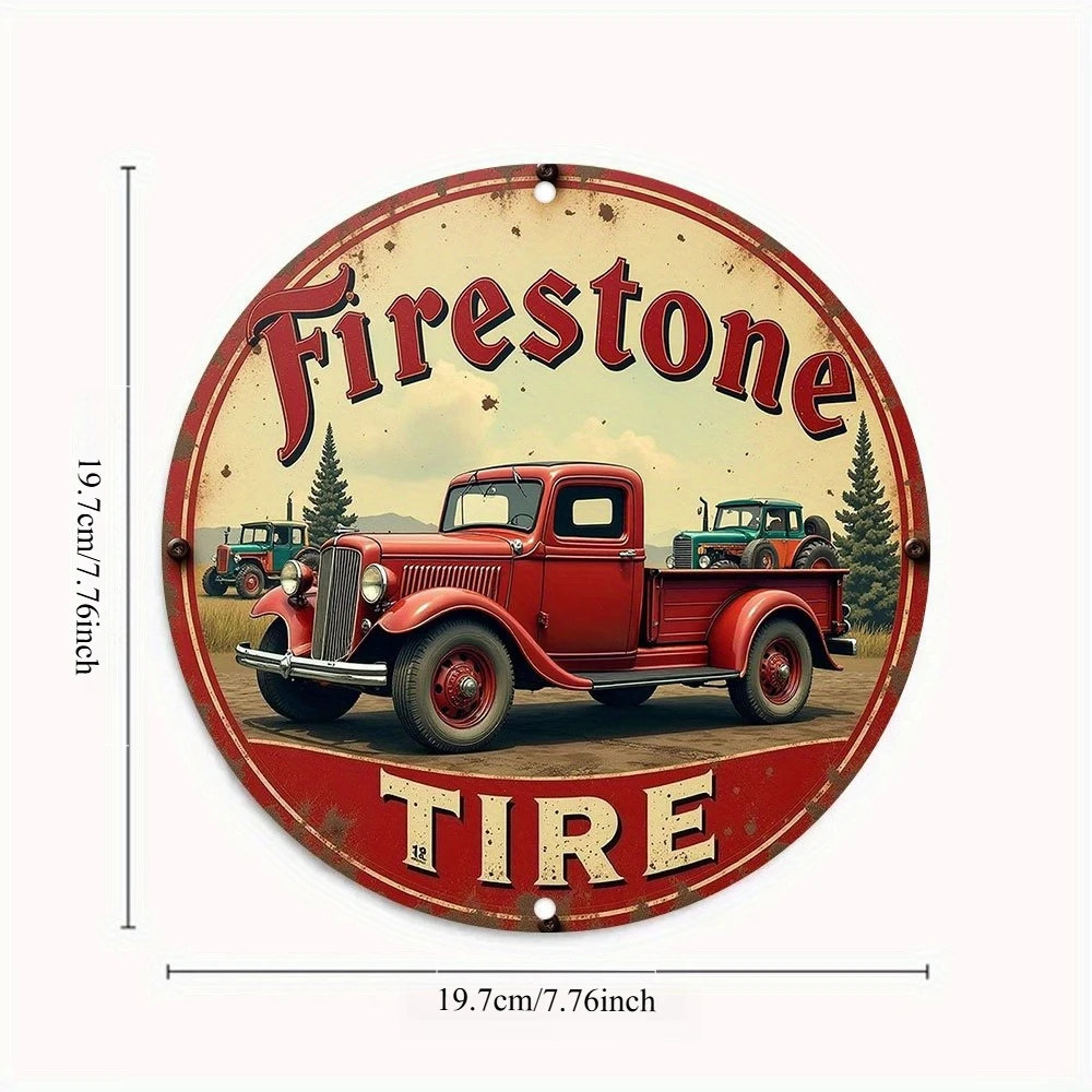 2D Flat, Vintage Firestone Tire Metal Tin Sign Wall Decor for Home, Bar, Cafe, Garage, Rustic Room Accent, Farmhouse Decor