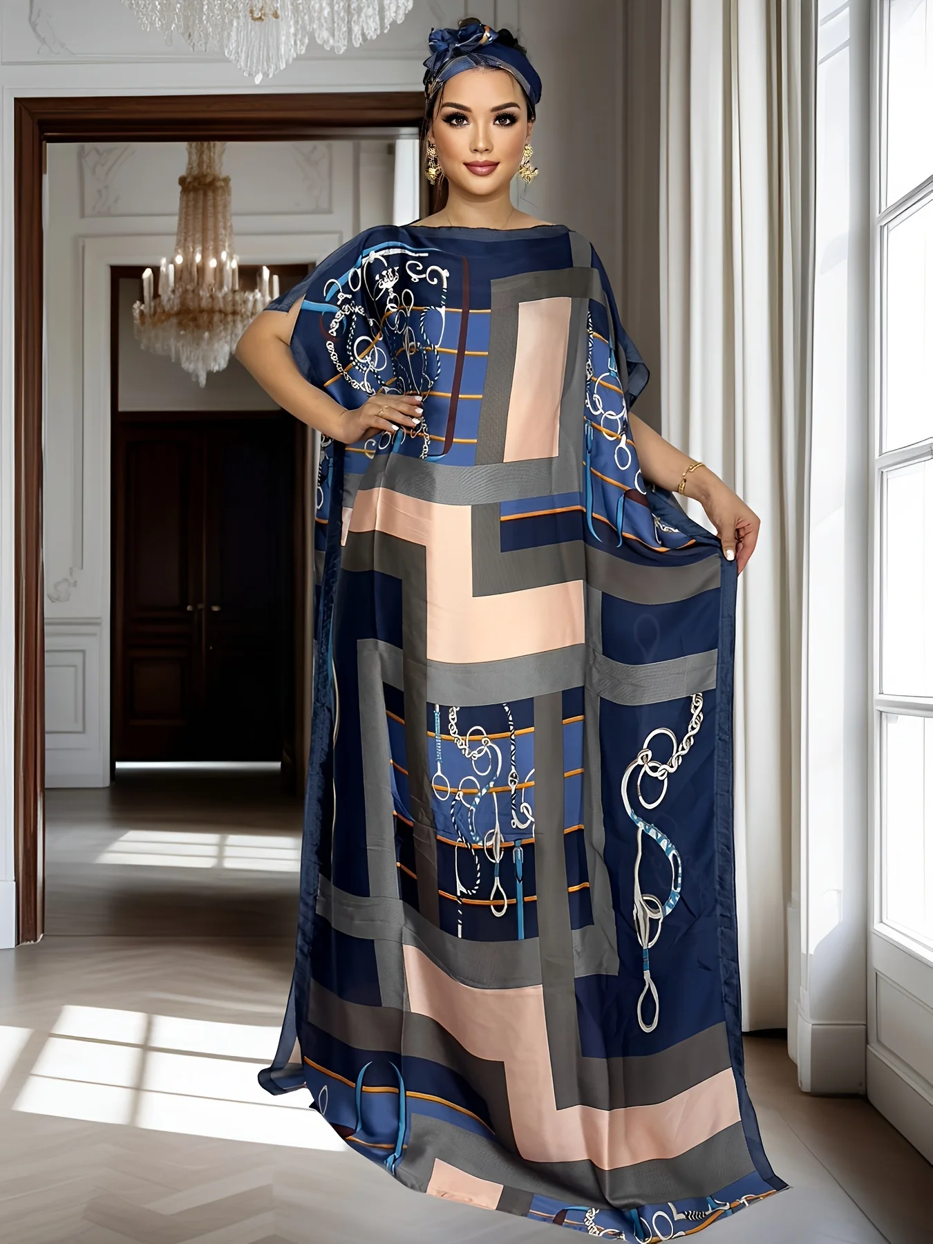 Robe de soirée à géométrie florale pour femmes, Style Vintage, Maxi, manches chauve-souris, longueur au sol, robe de soirée pour femmes