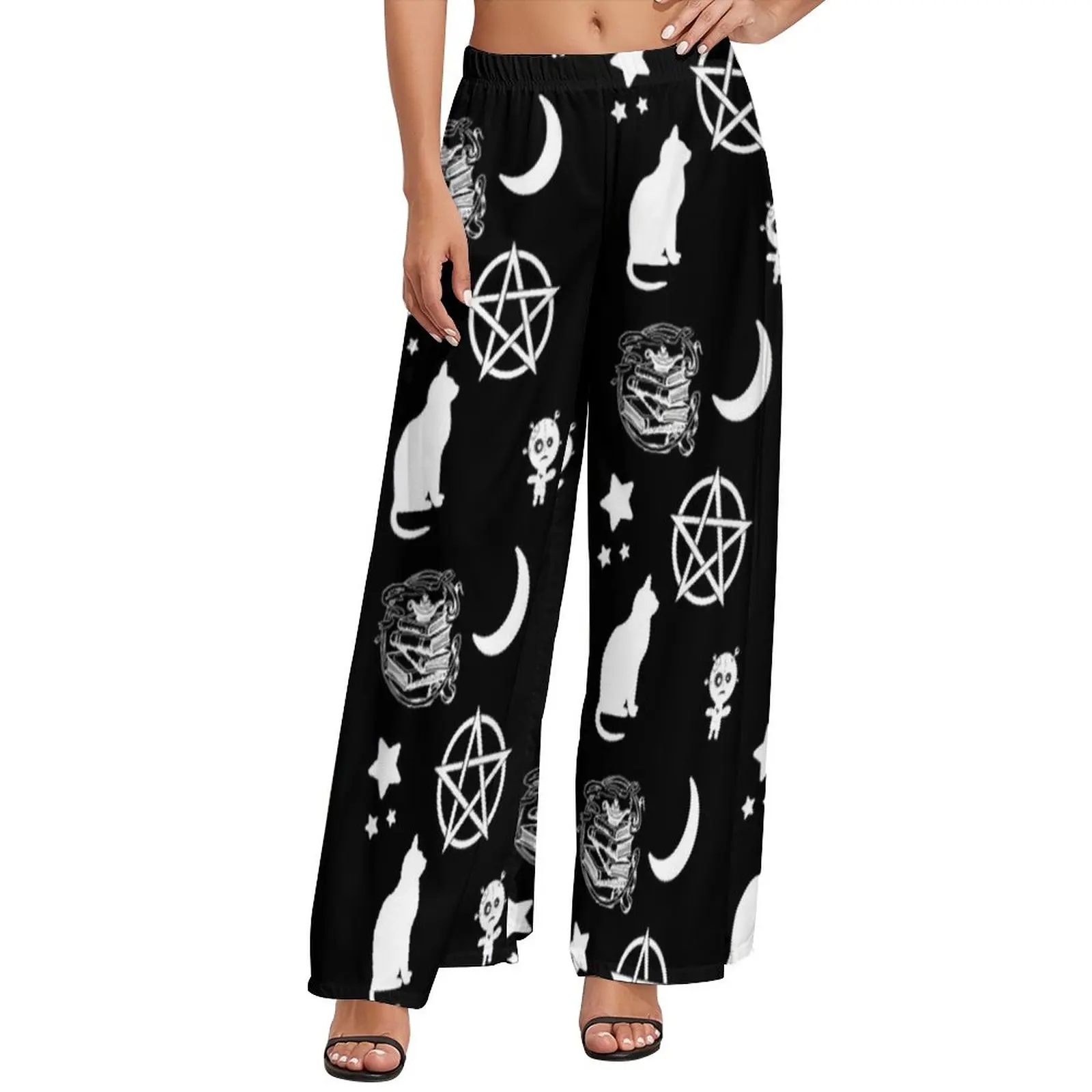 Dark Gothic Print Pants Summer High Waist Cat Star Moon Sexy Wide Leg Pants Woman Oversize Beach Printed Straight Trousers