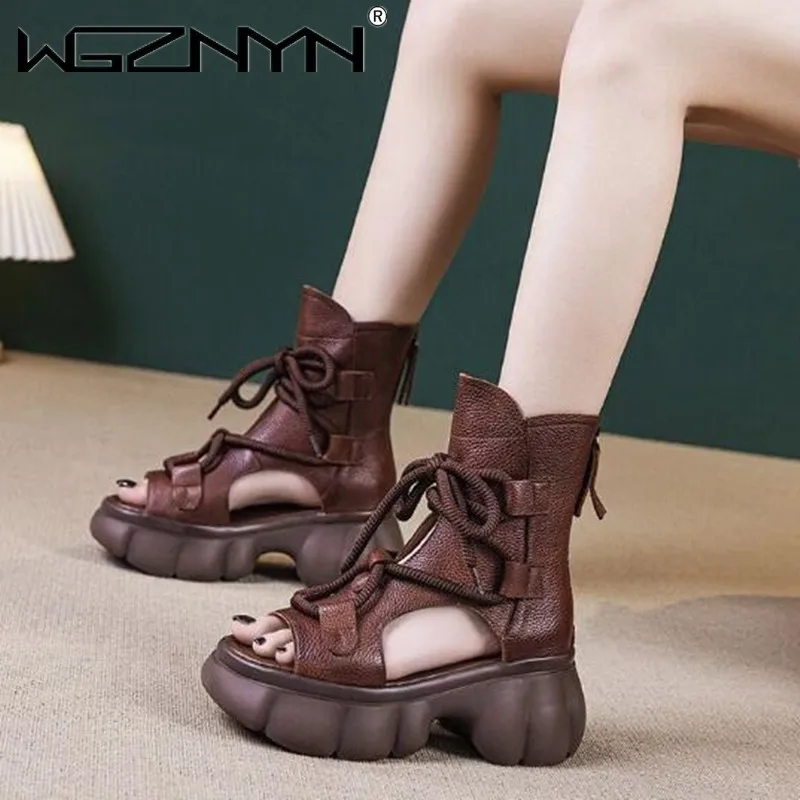 Genuine PU Leather Zip Retro Shoes Women Sandals 2024 New Ankle Boots Summer Handmade Hollow-out Lace-up Casual Platform Sandals