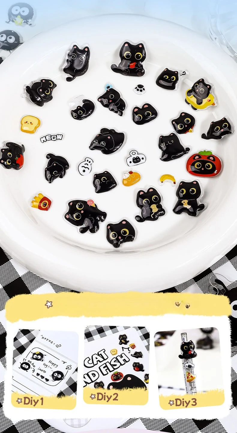 2sheets Cartoon Three-dimensional Floating Fun Stickers Black Cat Cute Embossed Mobile Phone Scrapbook Stickers
