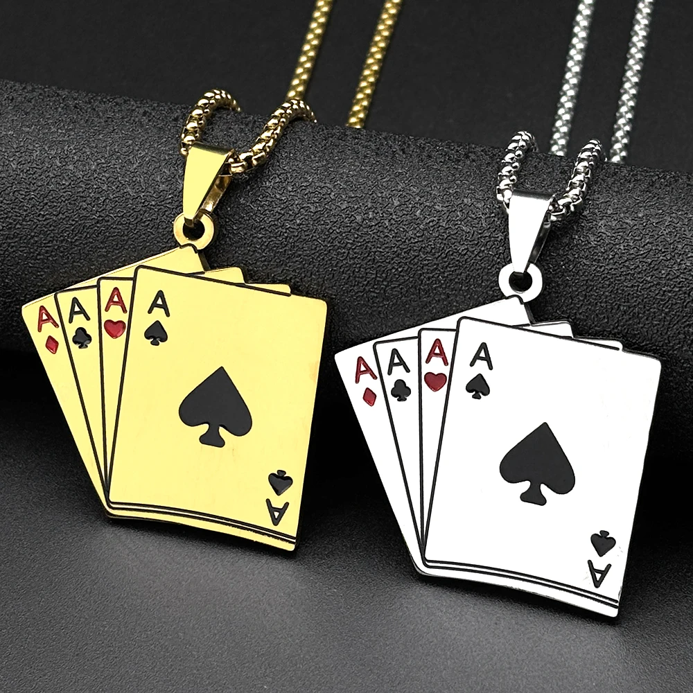 Collar con Colgante de As de Espadas Hiphop Poker Lucky 4 para Mujer y Hombre, Acero Inoxidable, Color Dorado, Cadena con Cartas de Póker, Joyería, Regalo