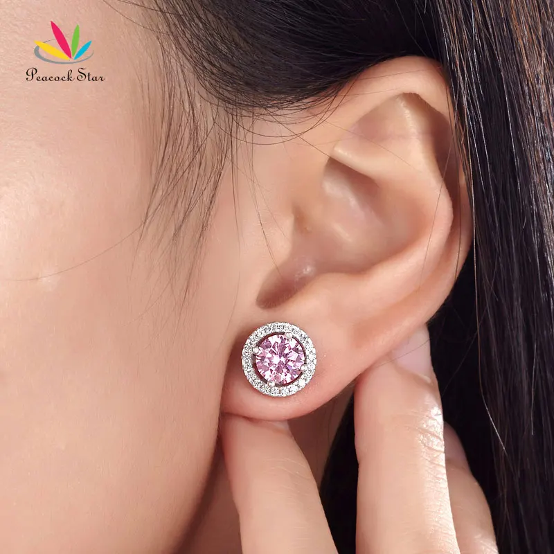 Peacock Star 2.5 Carat Round Pink Halo (Removable) Stud Solid 925 Sterling Silver Earrings Jewelry CFE8126