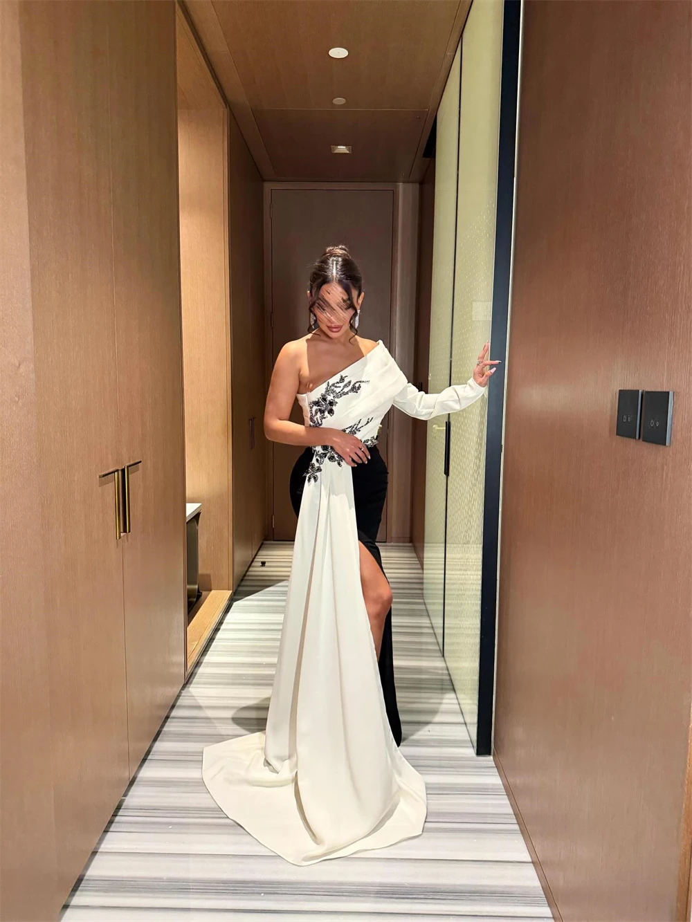 Customized Graceful One Shoulder Evening Dress and Exquisite Jersey Celebrity Gowns and Delicate Long Sleeves Party Dresses