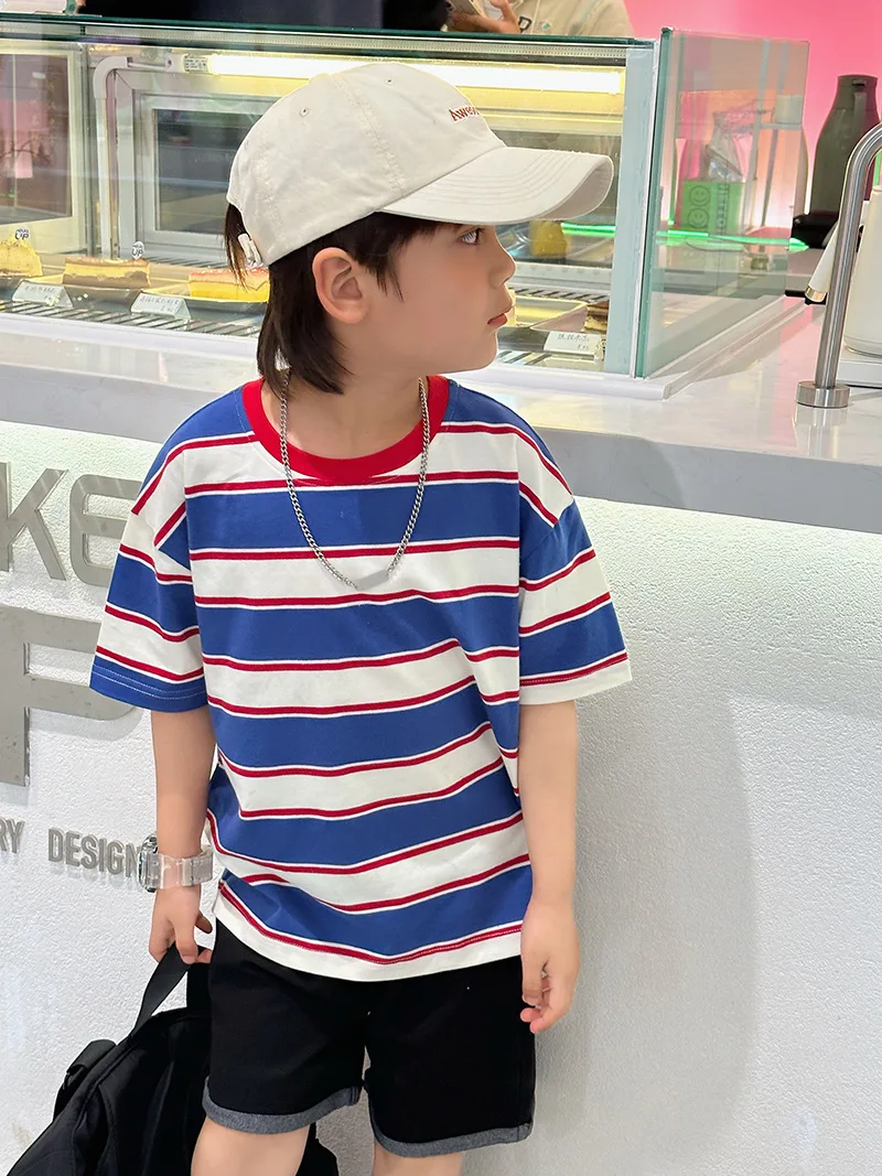 

2025 Summer New Girls Casual Striped T Shirts Children Short Sleeve Tops Loose T-shirt For Boys Fashion Clothes Kids Tees
