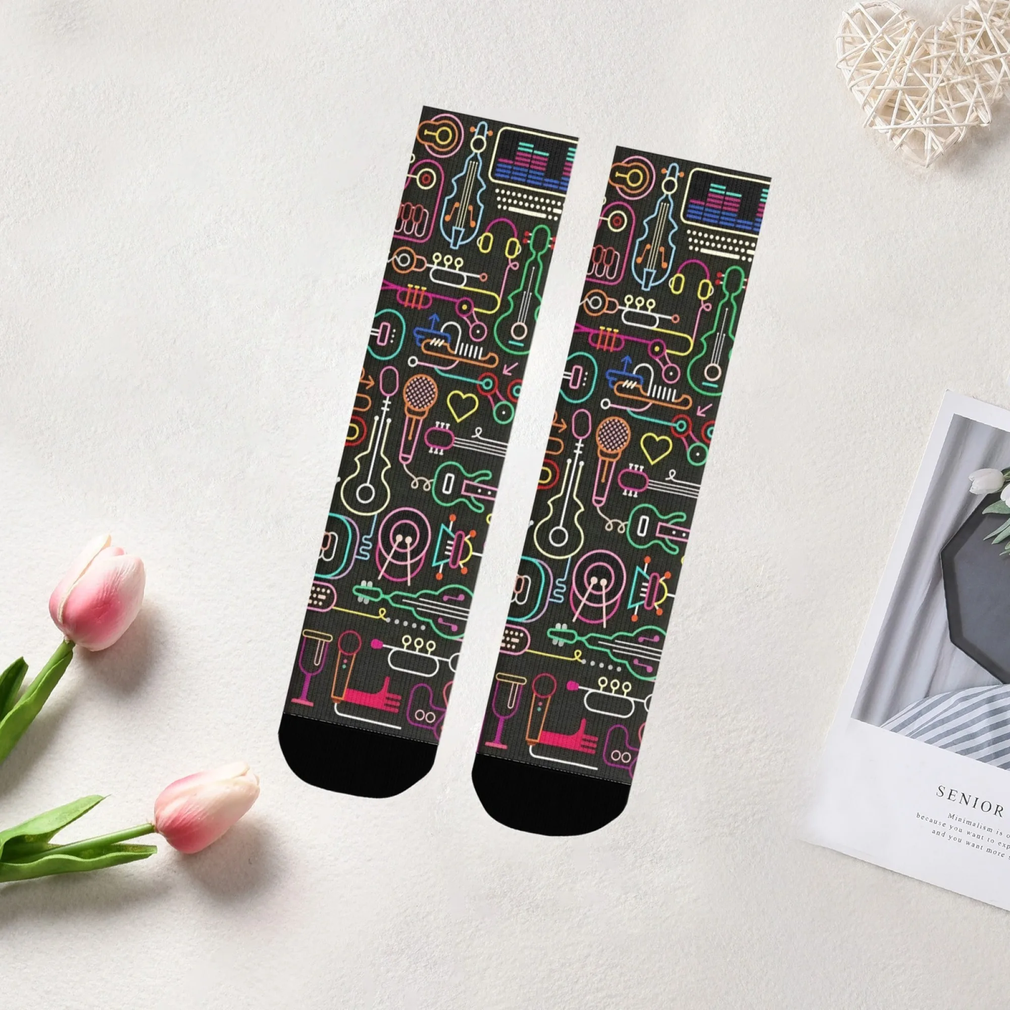 Neon Musical Instrument Socks Soft Comfortable Durable Men's Socks Outdoor Sports Cycling Punk Rock Novel Fashion Graphic Socks