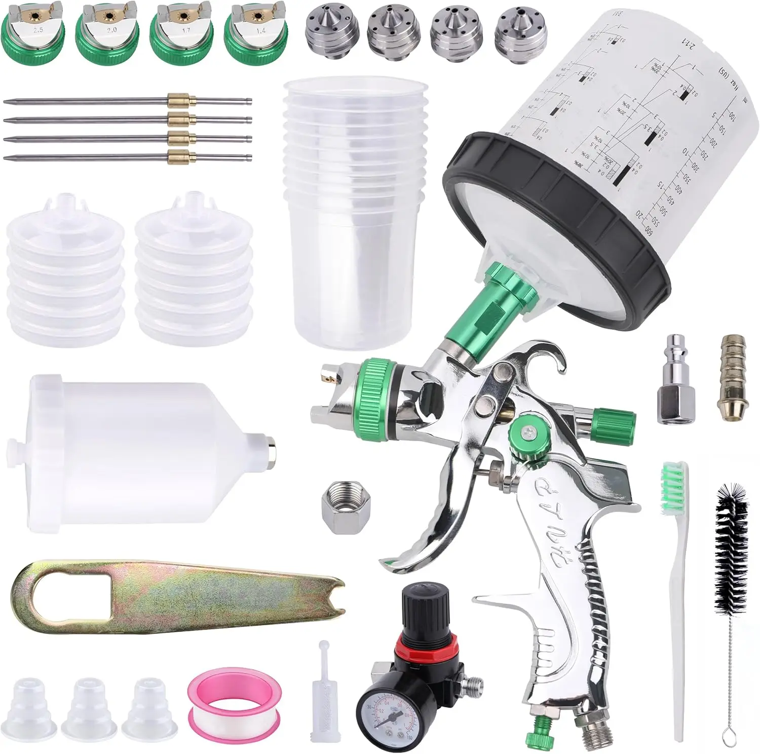 

HVLP Spray Gun Kit with 10 Disposable Paint Cups, 4 Nozzles (1.4-2.5mm), Gravity Feed for Automotive Use, Includes Air Regulator