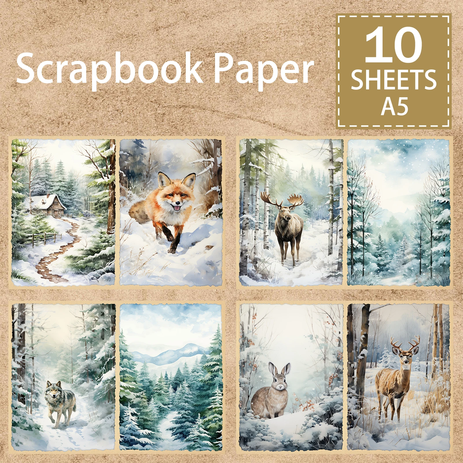 10 Sheets A5 Size Winter Snow Forest Is A Fox Owl Background Vintage Grunge Journal Planning Scrapbooking