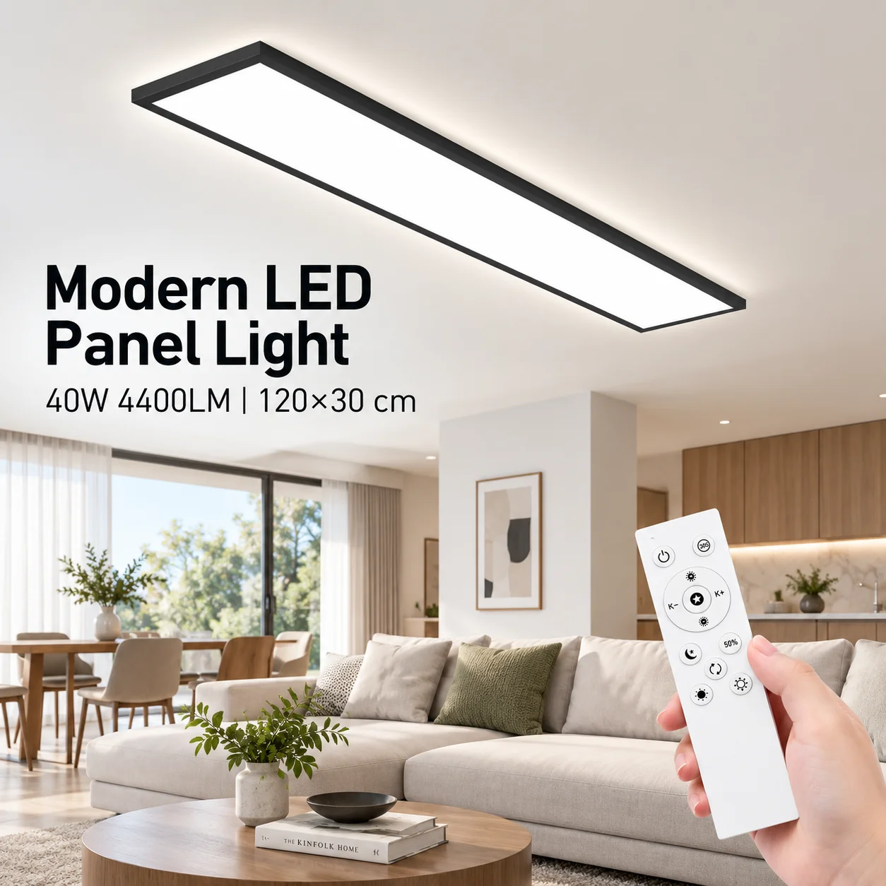 Pannello LED da incasso per soffitto, 120×30 cm, 40 W, 4000 lumen, temperatura colore regolabile da 3000 a 6500 K, con telecomando, lampada da soffitto moderna di colore nero, ideale per soggiorno,