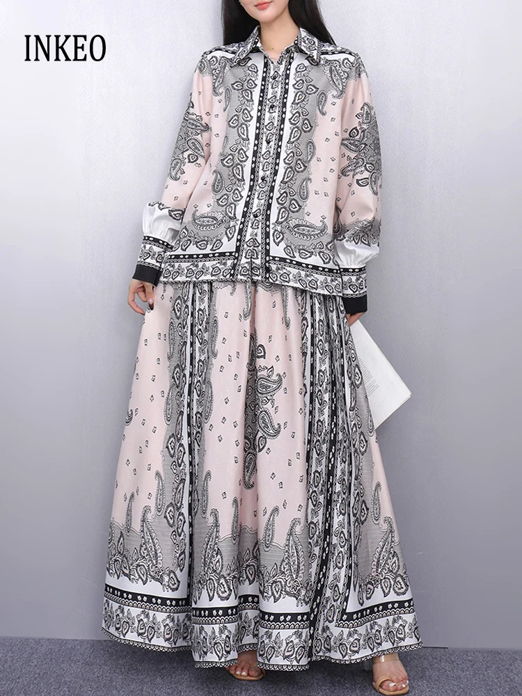 

Vintage print shirt and long skirt Women's 2 Piece set Fashion Beach Long lantern sleeve blouse Loose tops 2025 New INKEO 5T068