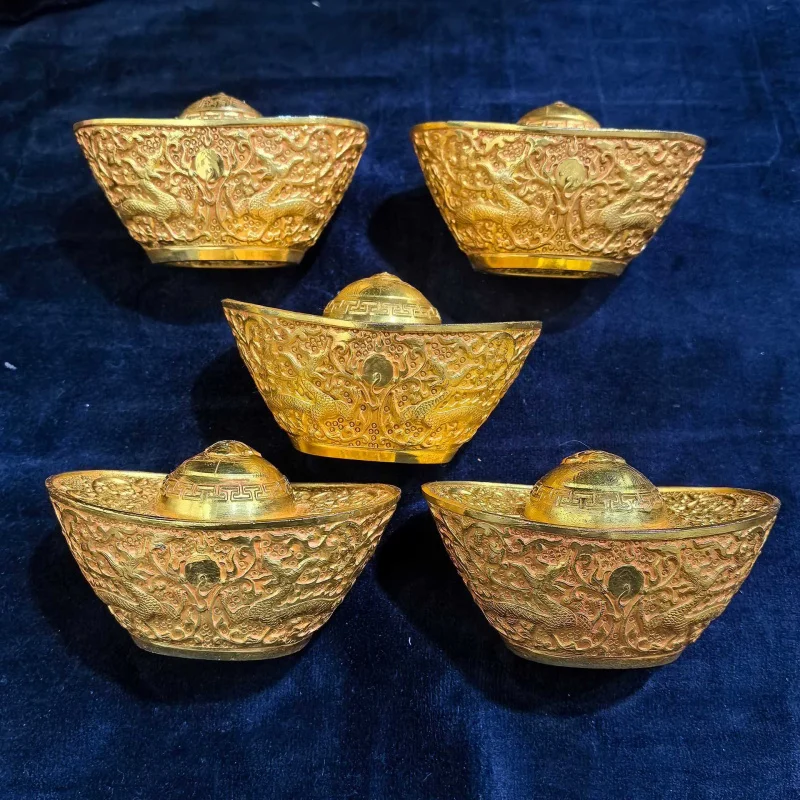 Antique Copper Gold-Plated Qing Dynasty Five Emperors Double Dragon Gold Ingot Ornament Gilded Craft Collectible