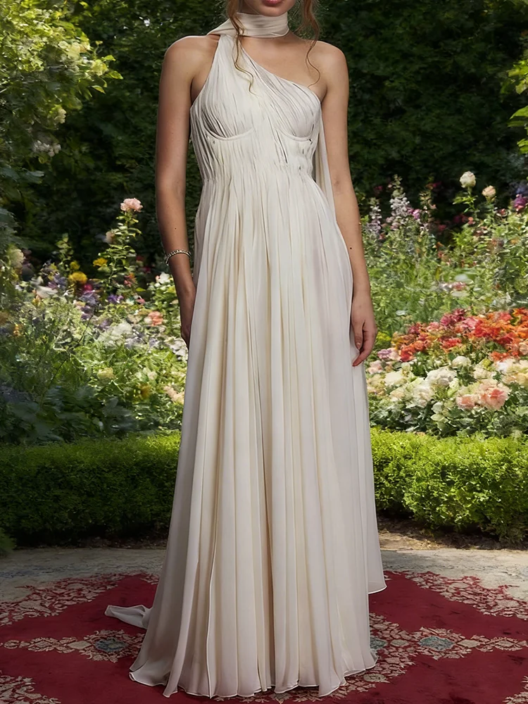 우아한 홀터넥 민소매 플리츠 바닥 길이 스트레이트 신부 웨딩 드레스 신부 가운 맞춤형
