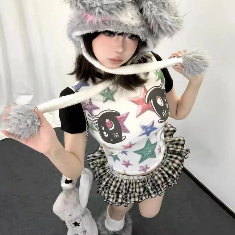 

Star Eye Print Contrasting Graffiti Spicy Girls T-shirt Summer Slim Fit Short Sleeve Cartoon Crop Top Harajuku Y2k Tees