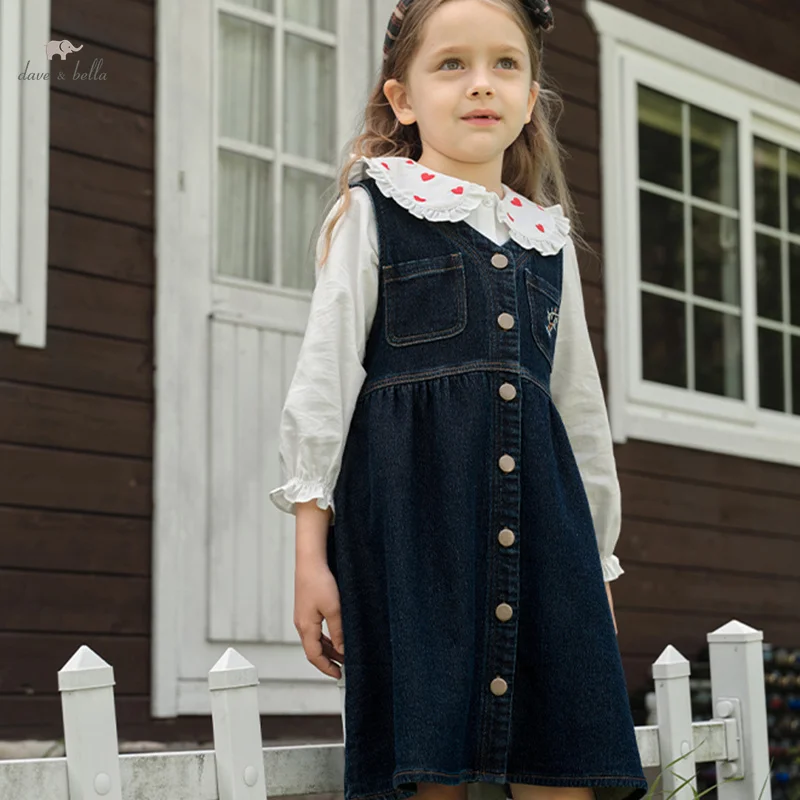 Dave Bella denim blue Cotton dress 2024 Spring Autumn New Girl Classic Denim Kid Children Sleeveless Vest Dress DK3242431