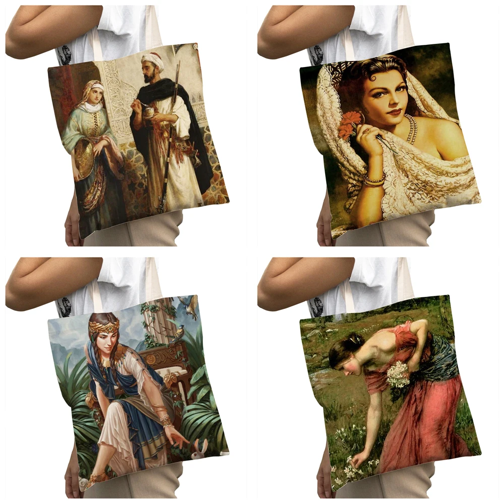 Vintage Style Women Art Casual Canvas Shopping Bags Big Capacity Shopper Bag Double Pattern Lady Folding Tote Cloth Handbag