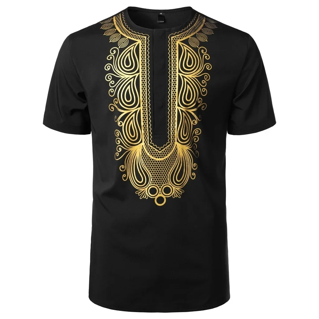 

New Summer Men's Gold Printed T-Shirt Lightweight Comfortable Casual Round Neck Short Sleeve Street High Quality Fashion Top