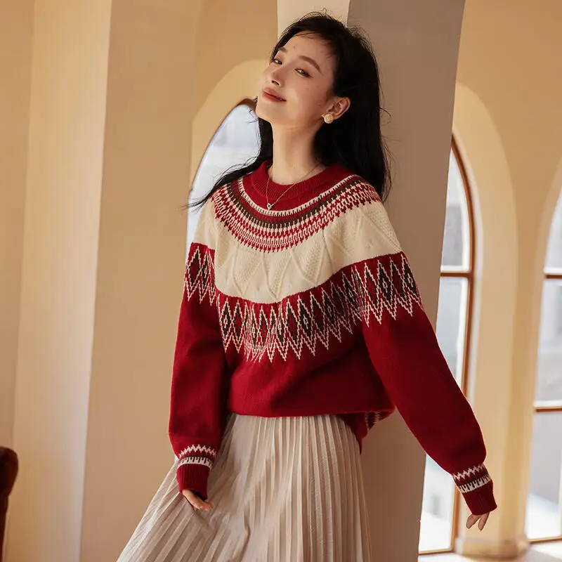 REDDACHiC Jacquard Retro Women Fair Isle Sweater O-neck Pullover Long Sleeves Loose Casual Jumper Top Christmas Winter Knitwear