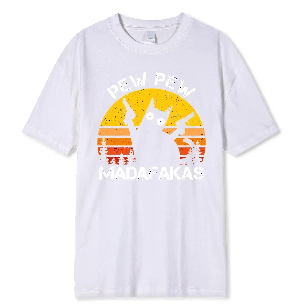 Pew Pew Madafakas Cat With Two Guns Printing Men T Shirts Summer Cotton T-Shirts Breathable Clothes Hip Hop Street Tees