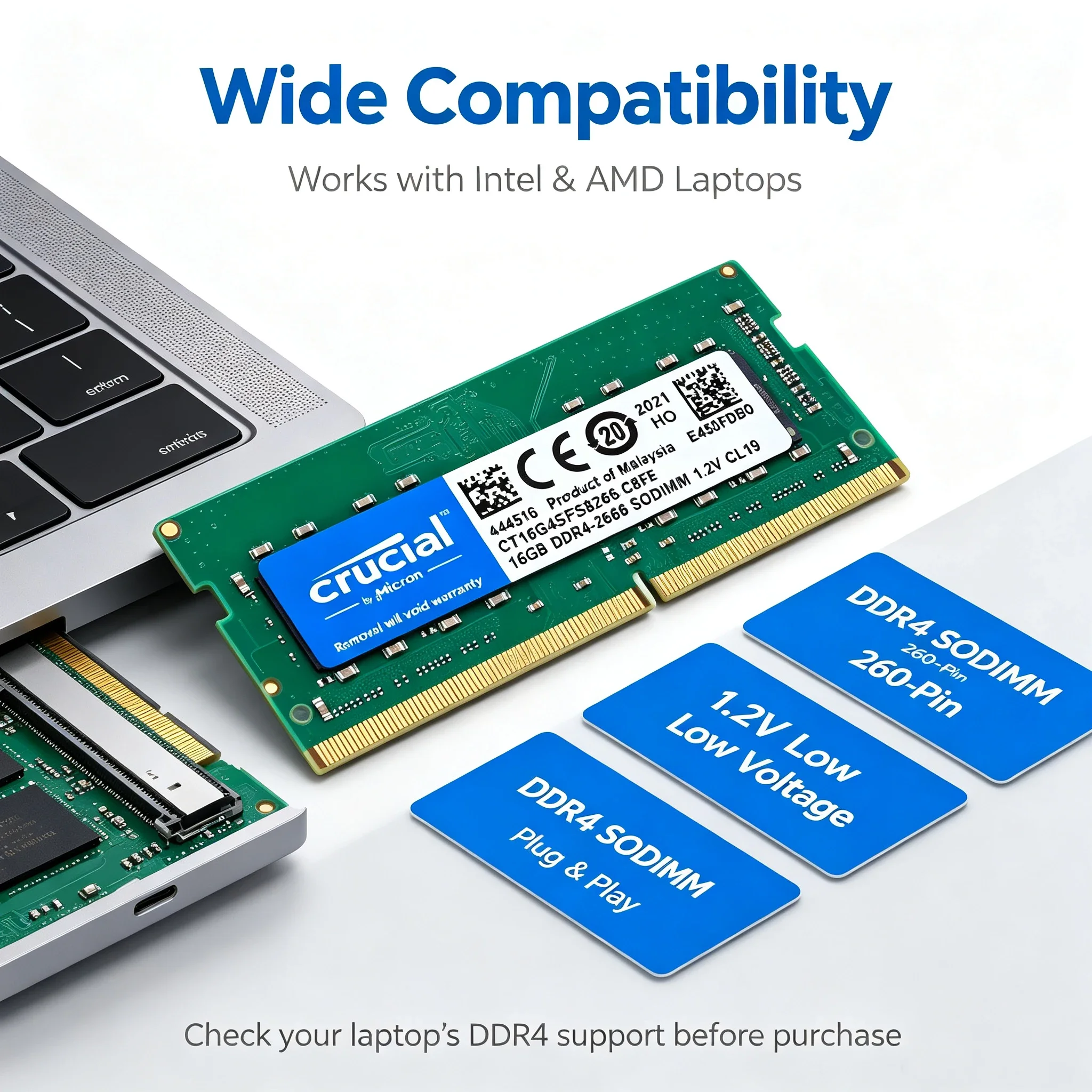 Crucial DDR4 Laptop RAM SODIMM 4GB 8GB 16GB 2400 2666 3200MHz, Green PCB 8 Chips Notebook Memory Upgrade